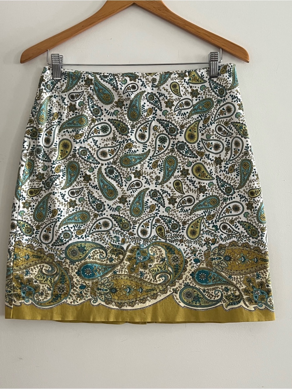 Geoffrey Beene White, Teal & Chartreuse Paisley Mini Skirt
